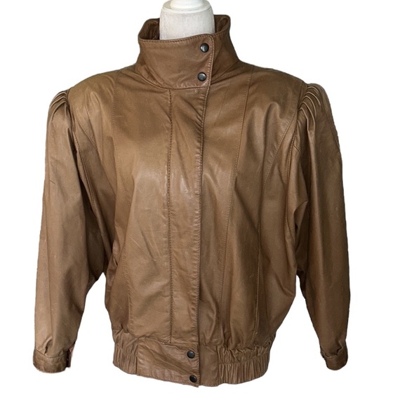 Vintage Georgetown Leather Tan Leather 80s Pleated Dolman Puff Sleeve Jacket - S - Picture 2 of 16